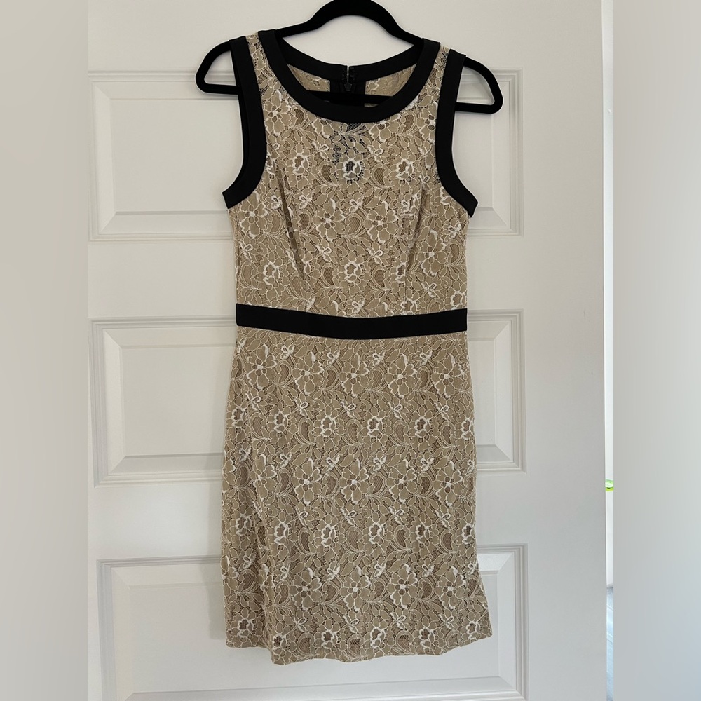 BCBG Knee Length Gold and Black Lace Dress